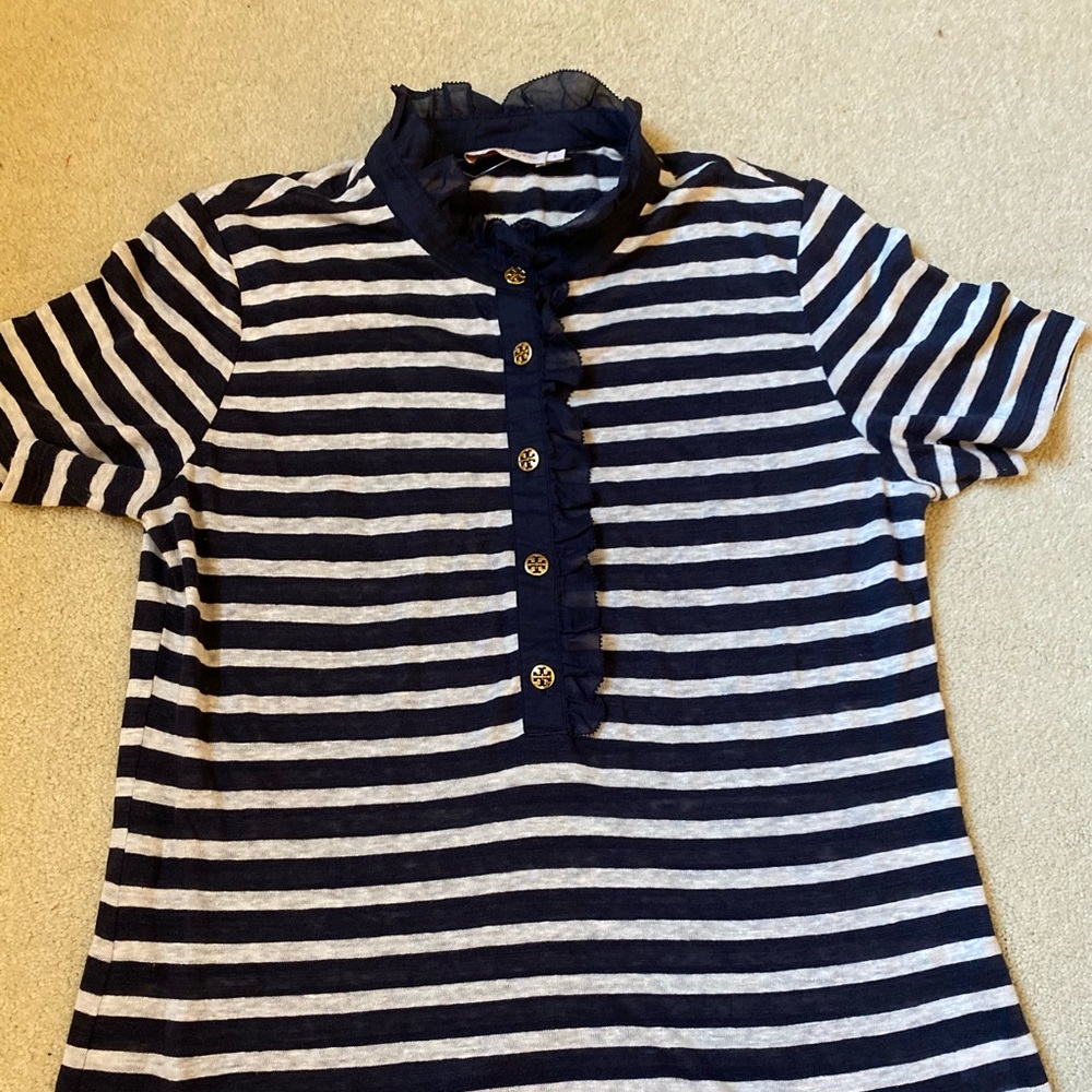 Tory Burch navy stripe with logo gold buttons